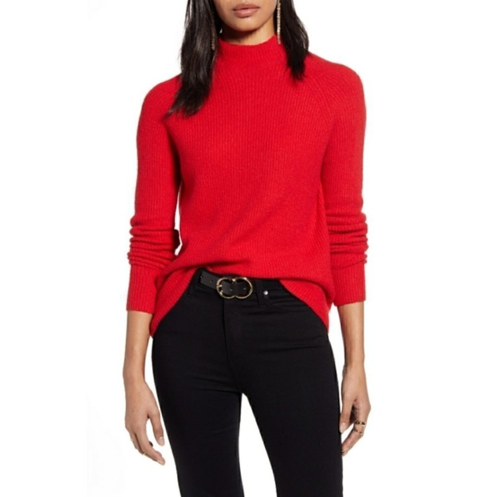 Halogen Women's Size Small Chinoise Ribbed Turtleneck Sweater Red Stretch Long